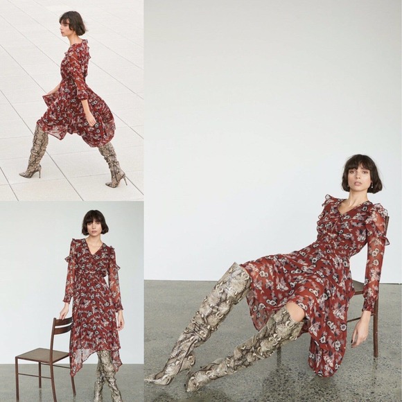 Sam Edelman Women Midi Dress Fanciful Flower Rust Size 10 Long Sleeve NWT $178 - Picture 1 of 12